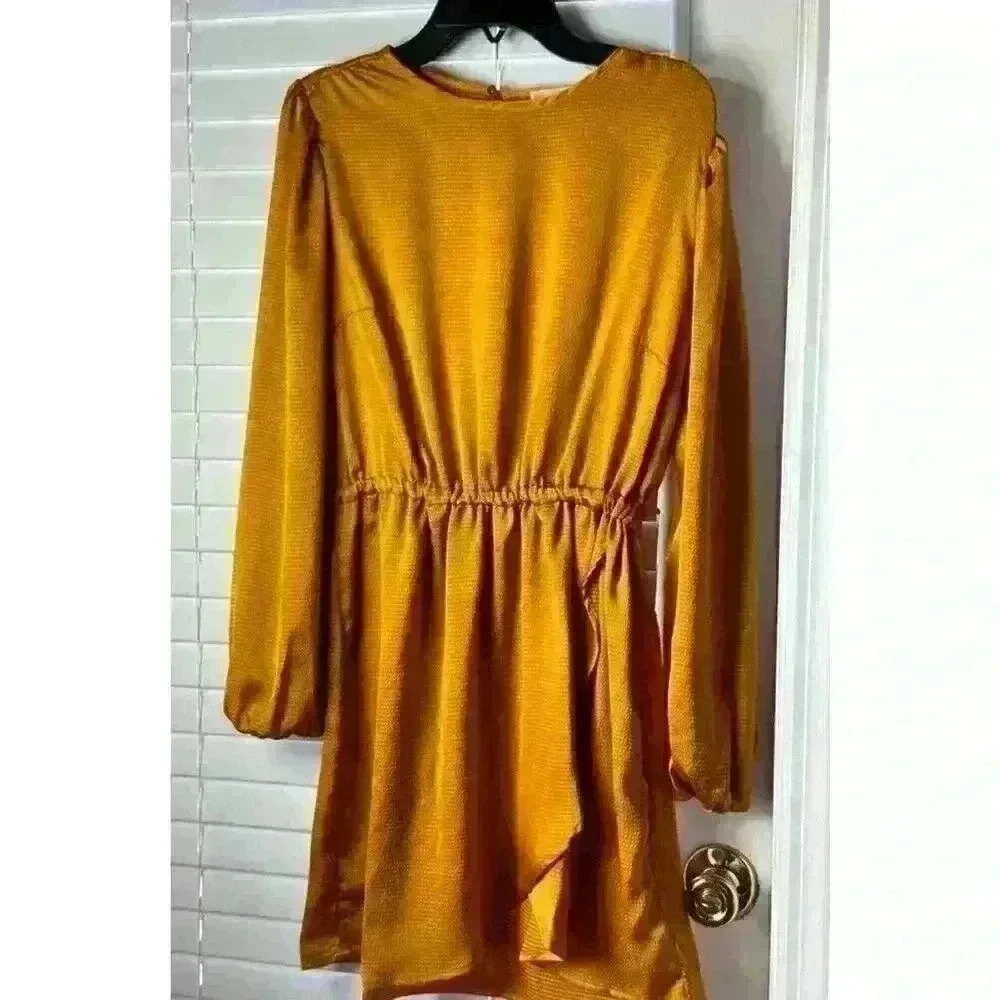 Michael Kors Satin Long Sleeve Flounce Marigold‎ Dress NWT $140 Size XS